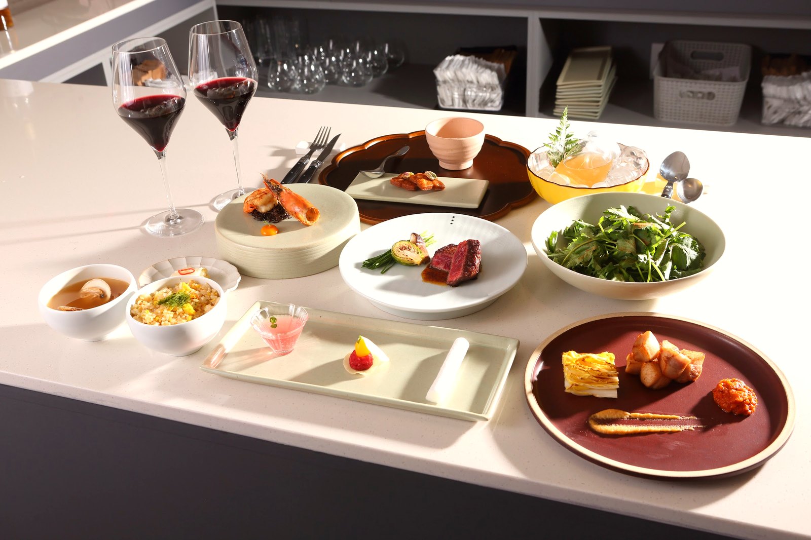The full eight-course spread at MIZI, paired with wine